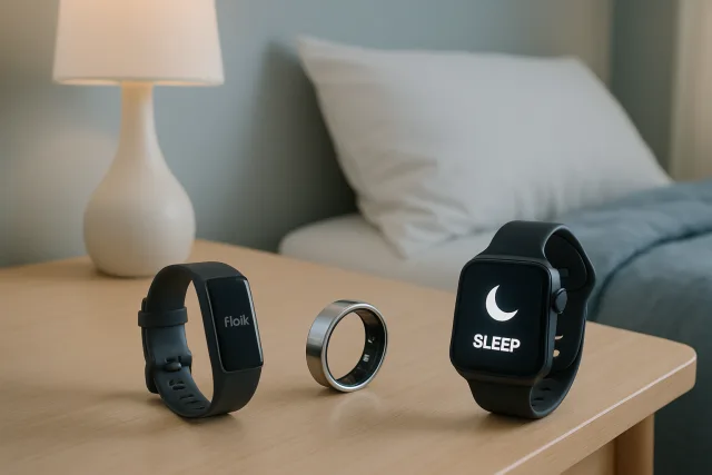 Sleep trackers on a bedside table
