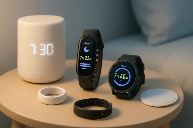 Comparison of sleep trackers on a bedside table