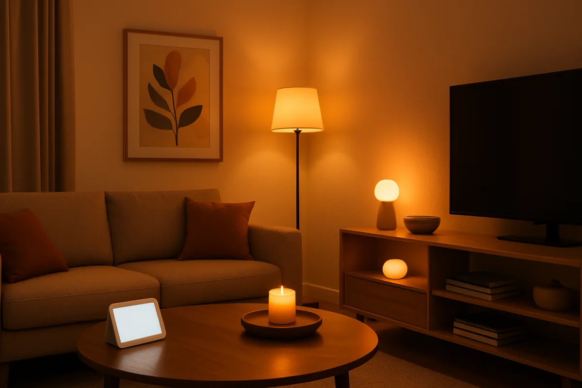 Smart bulbs in a modern living room setting