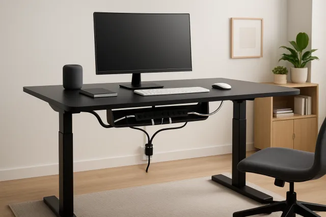 Smart cable management desk with organized workspace