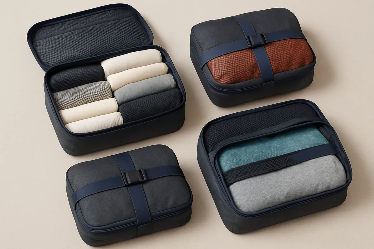 Space compressing packing cubes for travel organization