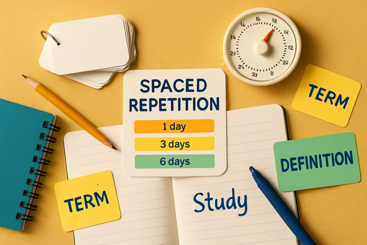 Spaced repetition memorization techniques with flashcards and study materials