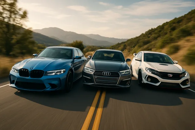 Sports sedans including BMW M3, Audi S4, and Honda Civic Type R