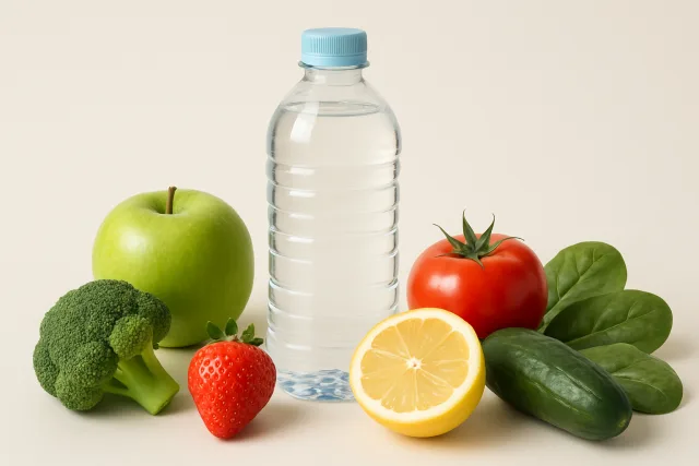 Stay hydrated tips with water bottle and fruits