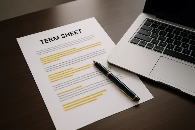 Term sheet for founders with highlighted sections and a pen