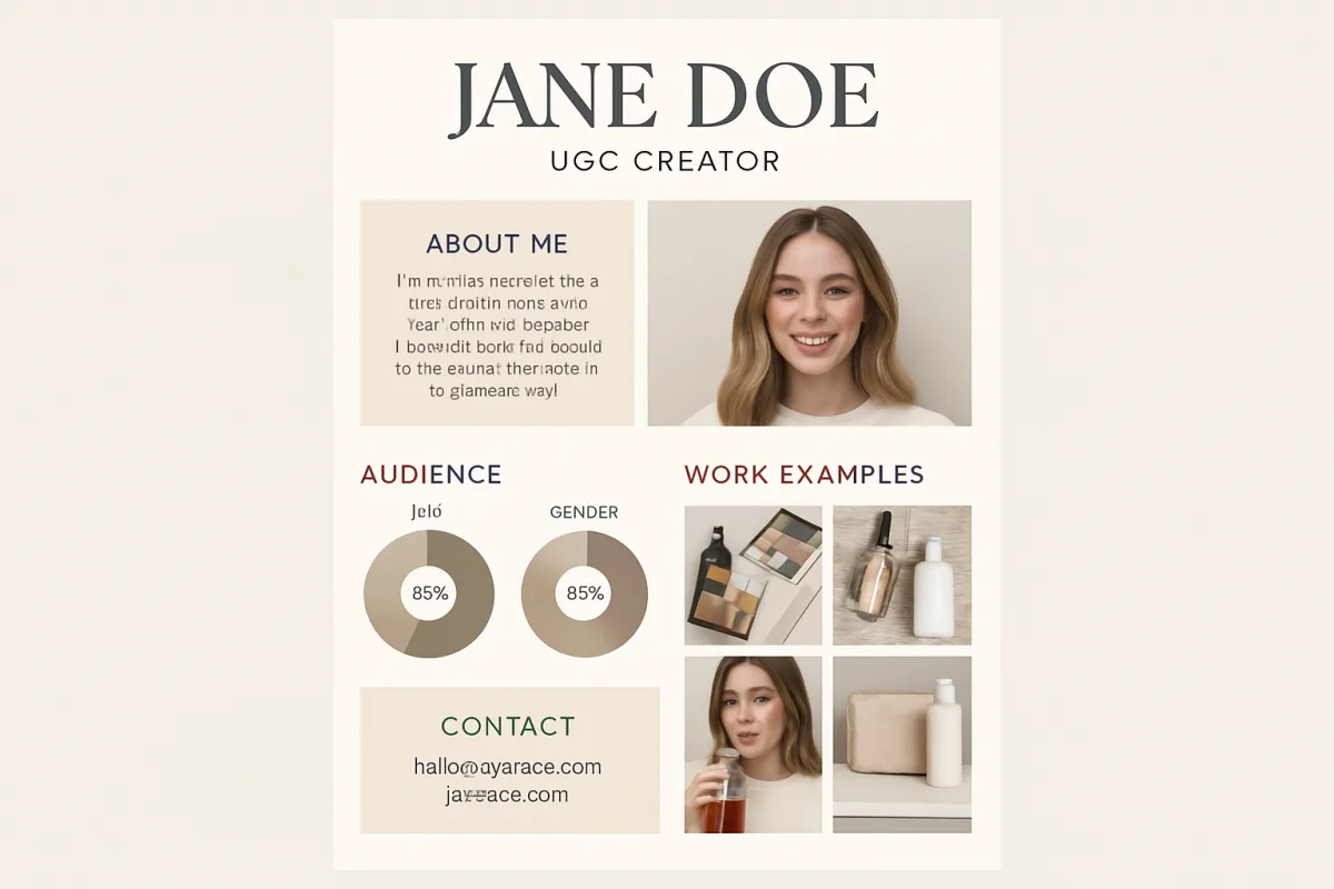 UGC Creator Media Kits layout with audience demographics and work samples