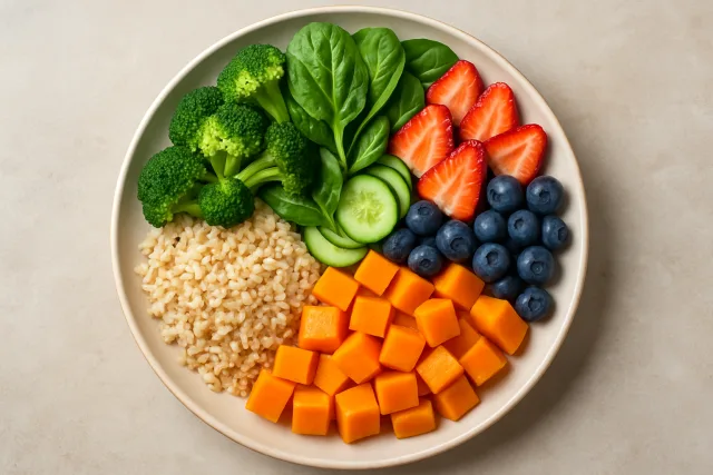 Volume Eating Deficit Guide with colorful low-calorie foods