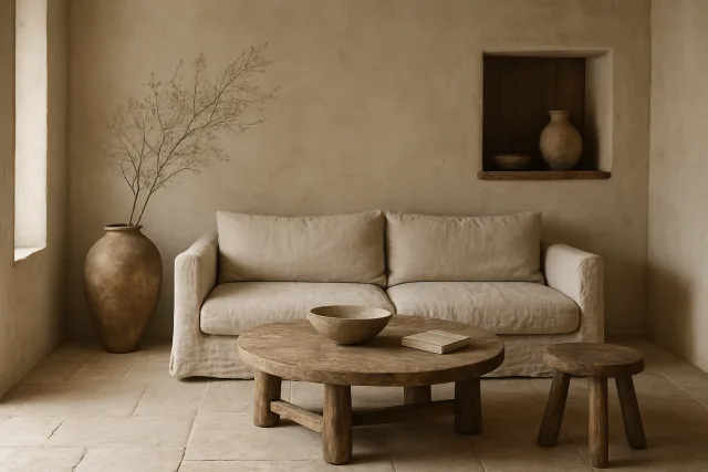 Wabi-Sabi Living aesthetic with natural materials and simplicity