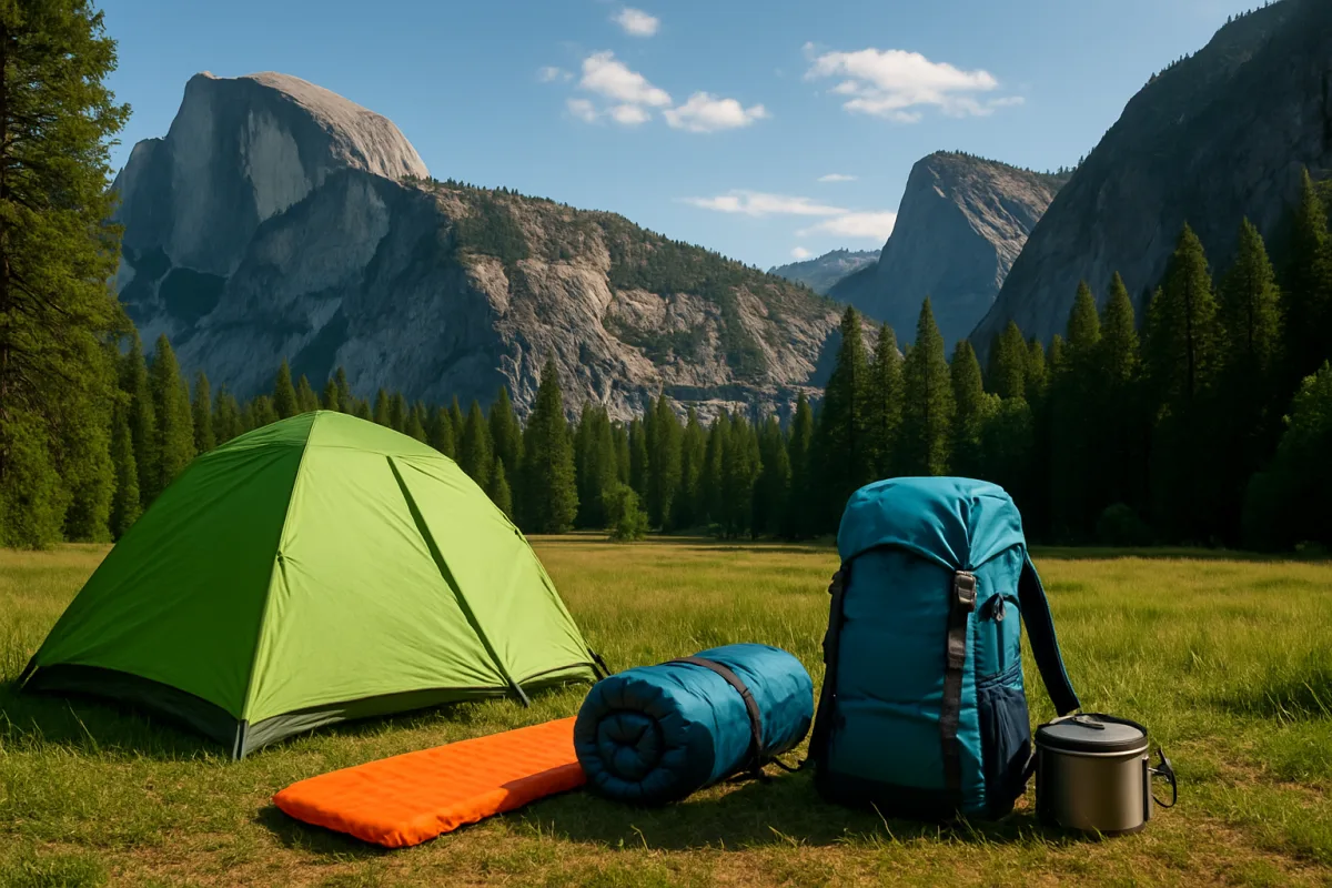 Budget weekend trip ideas with camping gear and scenic nature view.