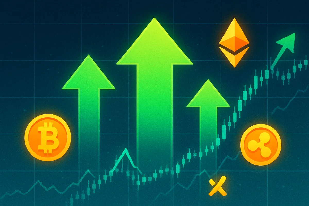 Crypto bull run illustration with upward trends and currency symbols