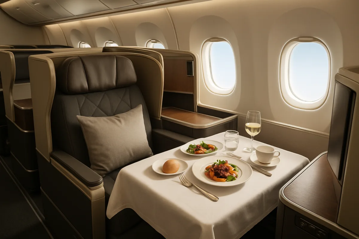 Flying business class seat with gourmet meal