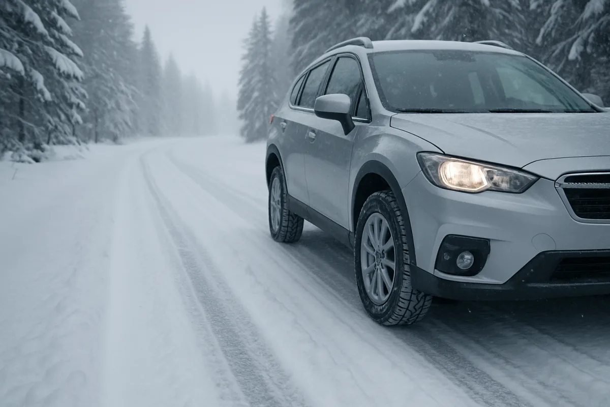 Winter driving tips with a car on snowy roads