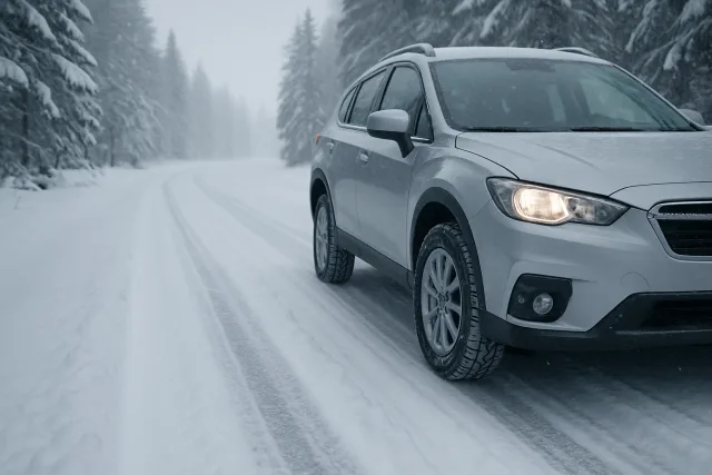 Winter driving tips with a car on snowy roads