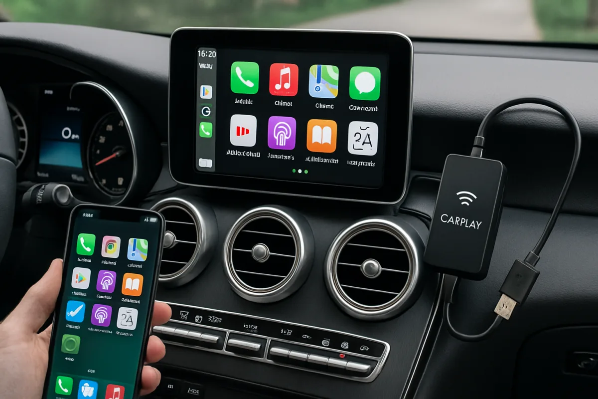 Wireless Apple CarPlay Dongles in a car interior