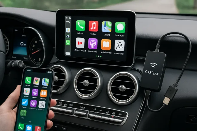 Wireless Apple CarPlay Dongles in a car interior