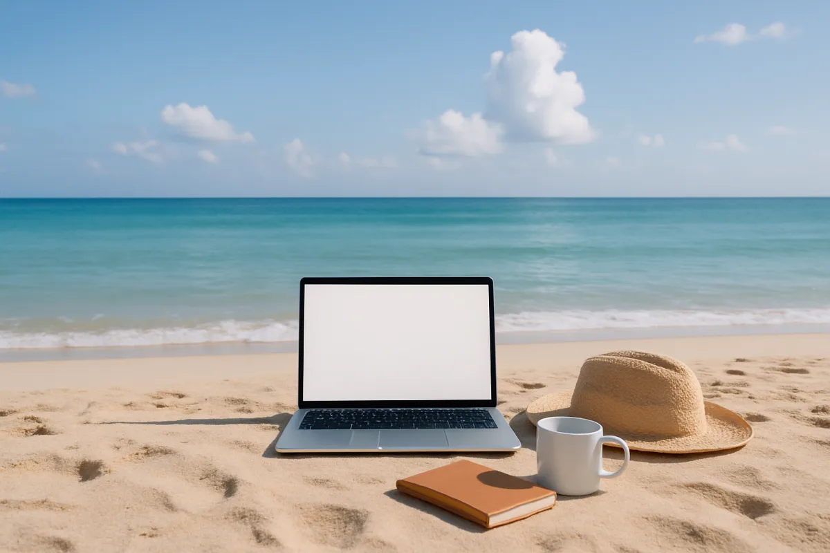 Workation destinations with a beach and laptop setup