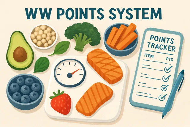 WW Points System illustration with healthy foods and point values